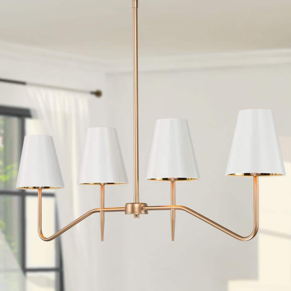 Gold Metal 4-Light Linear Chandelier with White Fabric Shades