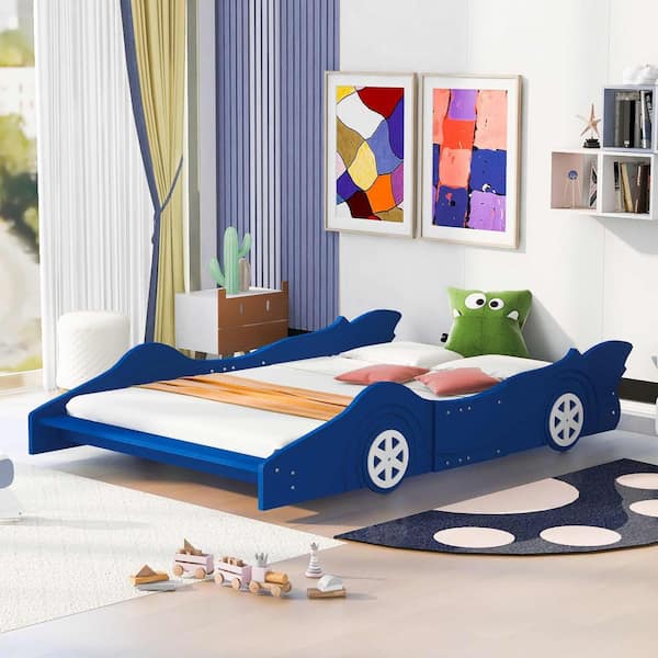 Blue Wood Frame Full Platform Bed with Race Car-Shaped Designed, Wheels