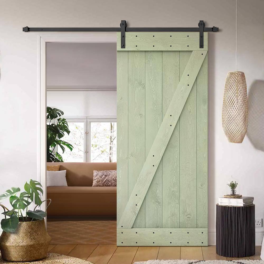 Sage Green Solid Wood Barn Door Kit with Matte Black Hardware