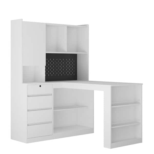 White L Shaped Computer Desk with Drawers,Bookshelf, LED Light Corner Gaming Computer Desk Study Table Writing Desk