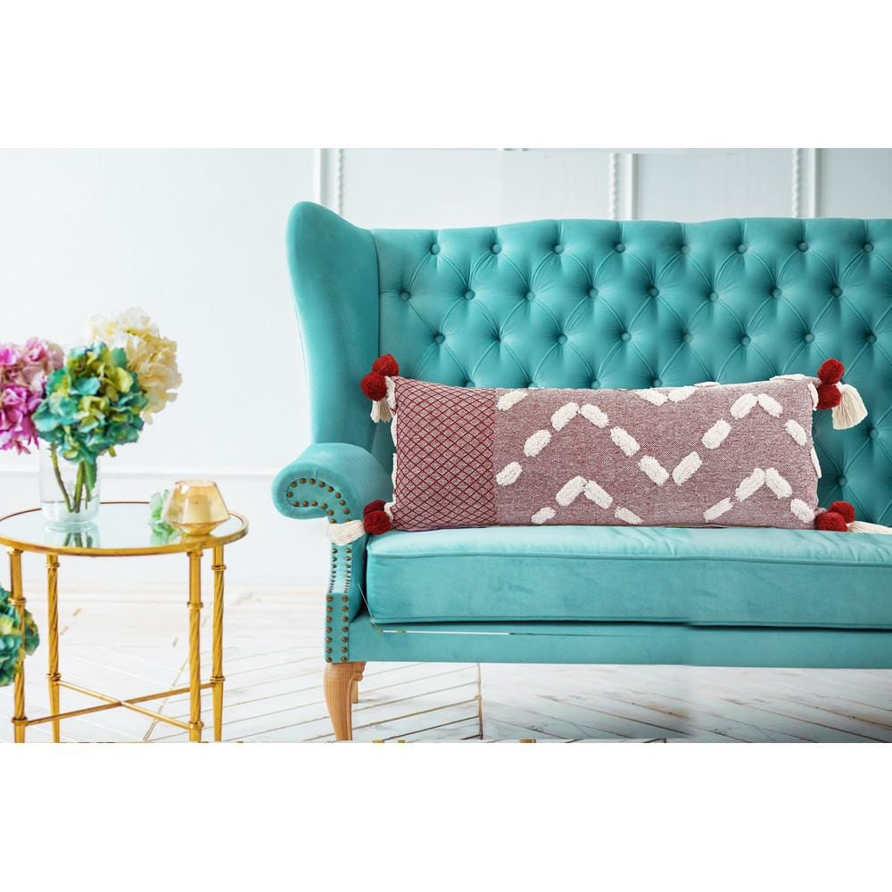 Heute Red and Cream Bohemian Lumbar Pillow with Pom-Poms