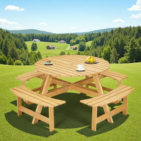 70 inch round patio table with umbrella hole 70 in. Natural Round Wood Picnic Tables Seats 8 People with Umbrella Hole  NPT-9764