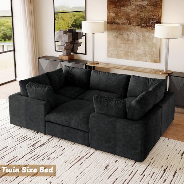 Modular Cloud Couch 6-Piece Black Chenille Convertible Living Room Set Sectional Sofa with Detachable Covers and Ottoman