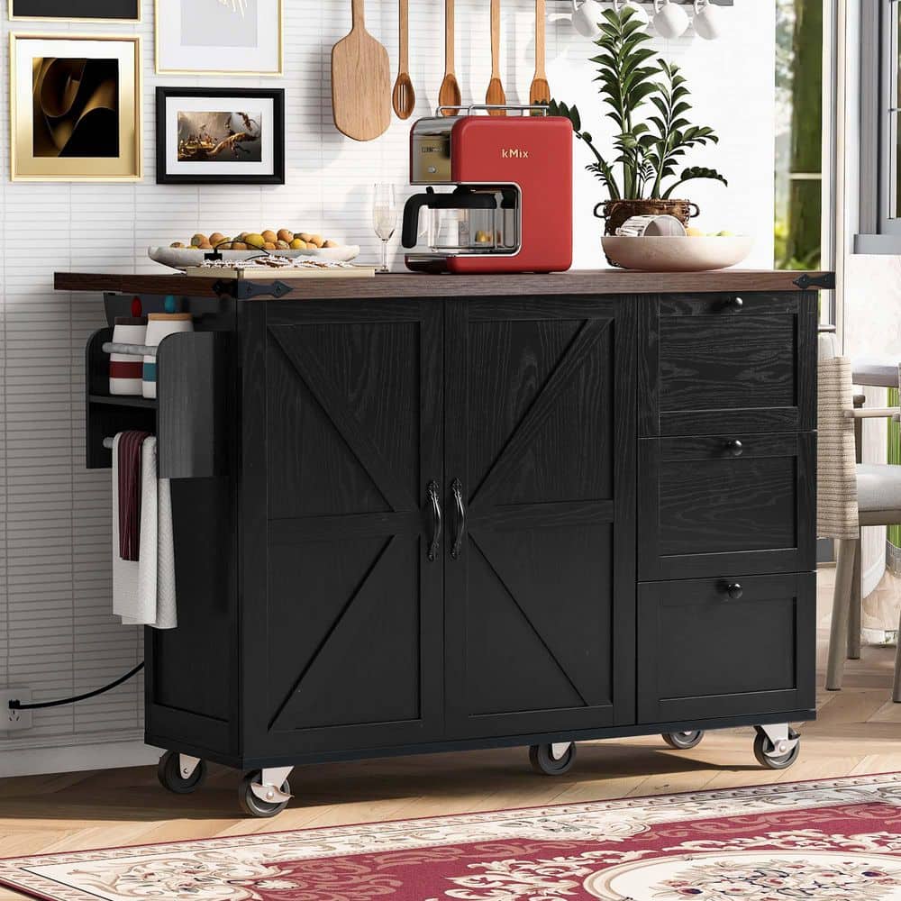 Black Wood 54.5 in. Kitchen Island with Drawers, Rolling Kitchen Cart ...