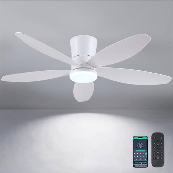 48 in. Indoor/Outdoor Flush Mount White Ceiling Fan with Dimmable 3 Color LED Light and Remote/APP Control