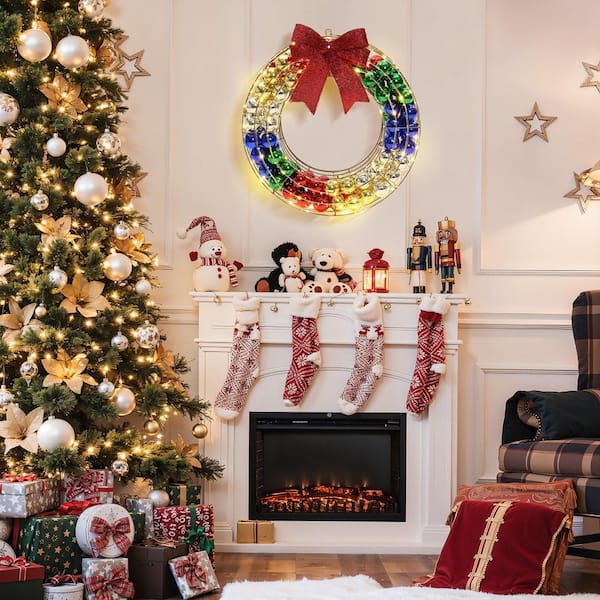 LuxenHome 24 H Round Christmas Ornament Wreath Outdoor Holiday