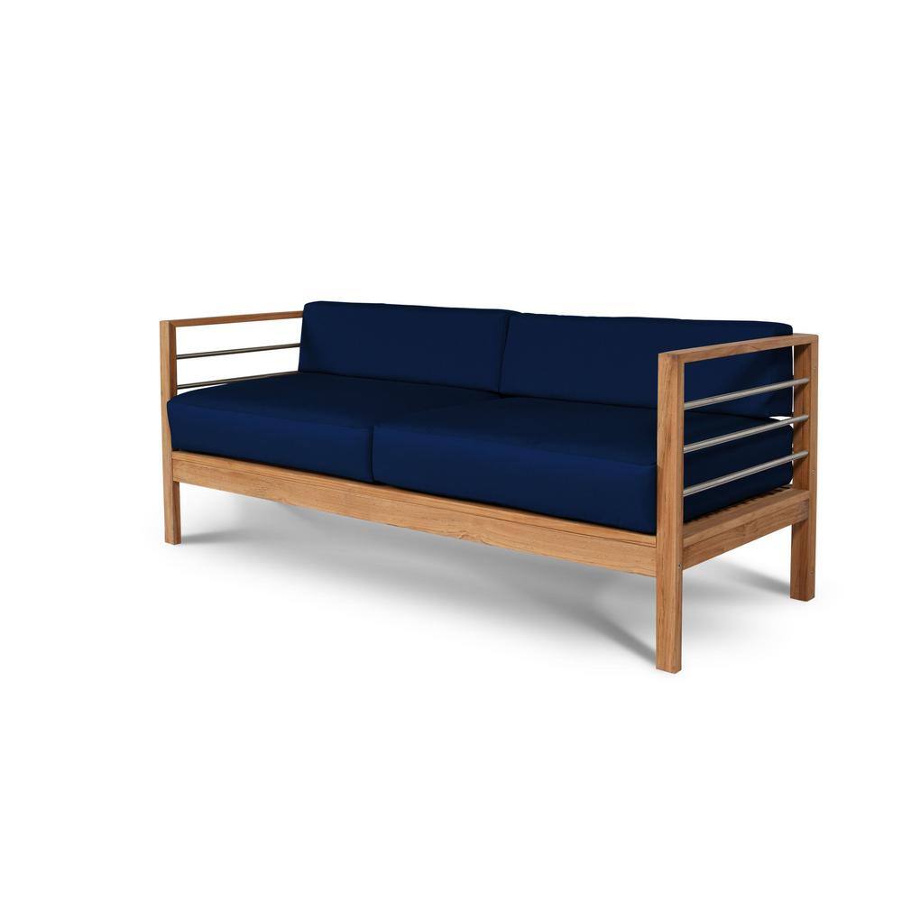 Leon 3 Person Teak Outdoor Couch with Sunbrella Navy Cushions CMB1959C
