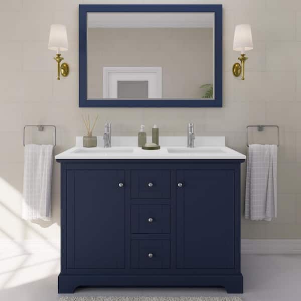 Wyndham Collection Avery 48 in. W x 22 in. D x 35 in. H Double Bath Vanity in Dark Blue with White Cultured Marble Top