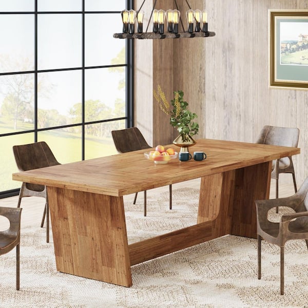 BYBLIGHT Moronia Light Brown Wood 70.9 in. Pedestal Dining Table Seats 8, Rectangular Farmhouse Kitchen Table for Big Family