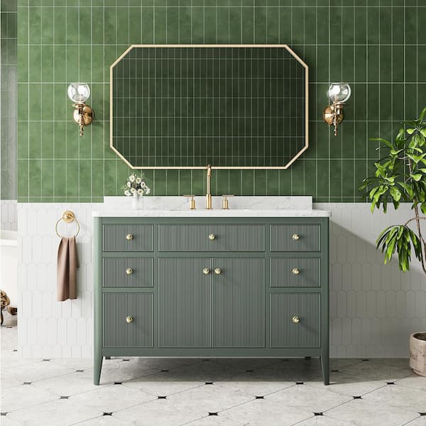 48 in. W Single Sink Solid Wood Bath Vanity in Vintage Green with White Engineered Marble Top, Soft-Close