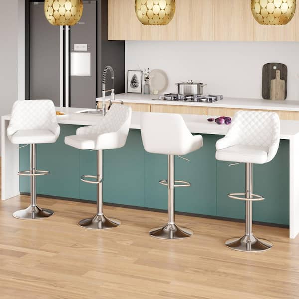 37.4 Bar Stools (Set of 4) with Back, Adjustable Counter Height Bar Chairs for Kitchen Island, White PU Metal Barstool