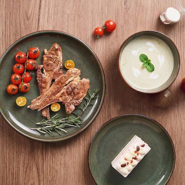 24-Piece Brown Reactive Glaze Ceramic Dinnerware Set, Handmade Stoneware Plates and Bowls (Service for 8)