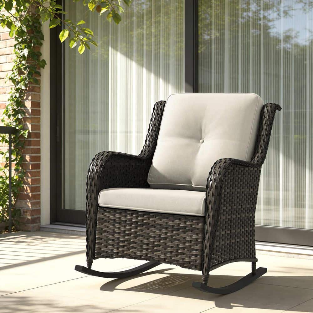 Yardsight Brown Wicker Outdoor Rocking Chair with Beige Cushions HD3 ...