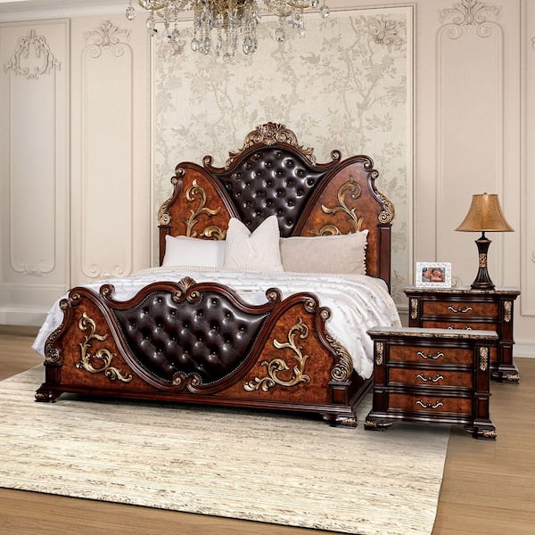 Gurando 3-Piece Dark Cherry and Oak Wood Frame King Panel Bedroom Set with Diamond Tufted and Stone Top on Nightstand