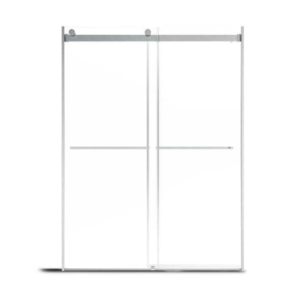 48 in W x 76 in H Double Sliding Frameless Clear Glass Shower Door in Brushed nickel