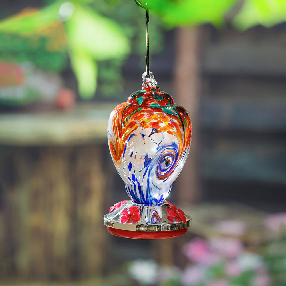 Multi-Colored Swirled Glass and Metal Hummingbird Feeder