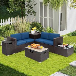 6-Pieces Wicker Patio Conversation Set 32 in. Fire Pit Table Tank Holder with Cover Navy Cushions
