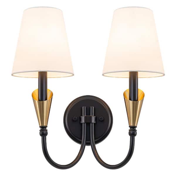 14 in. 2-Light Vintage Matte Black Wall Sconce with Cone Fabric Shades