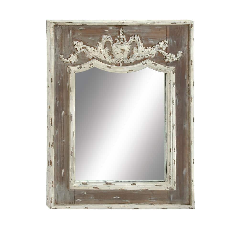 Scalloped 33" x 43" Brown and Cream Rustic Wooden Wall Mirror
