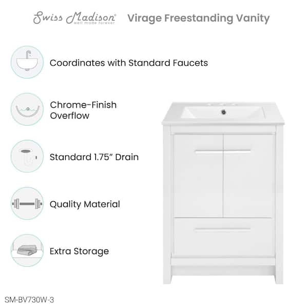 Virage 24 in. W White Bathroom Vanity with White, 3-Hole Ceramic Sink Top