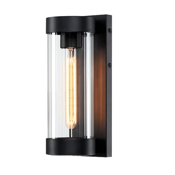 BOEKA ARCTURUS 13 in. Matte Black Outdoor Hardwired Wall Lantern Scone with Clear Glass Cylinder Shade