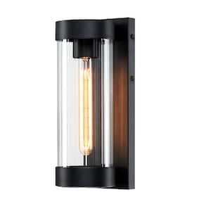 13 in. Matte Black Outdoor Hardwired Wall Lantern Scone with Clear Glass Cylinder Shade