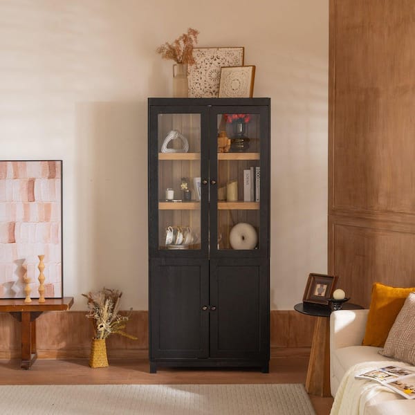 Black 74.5 in. Accent Cabinet, Pantry Cabinet with Glass Doors and Adjustable Shelves