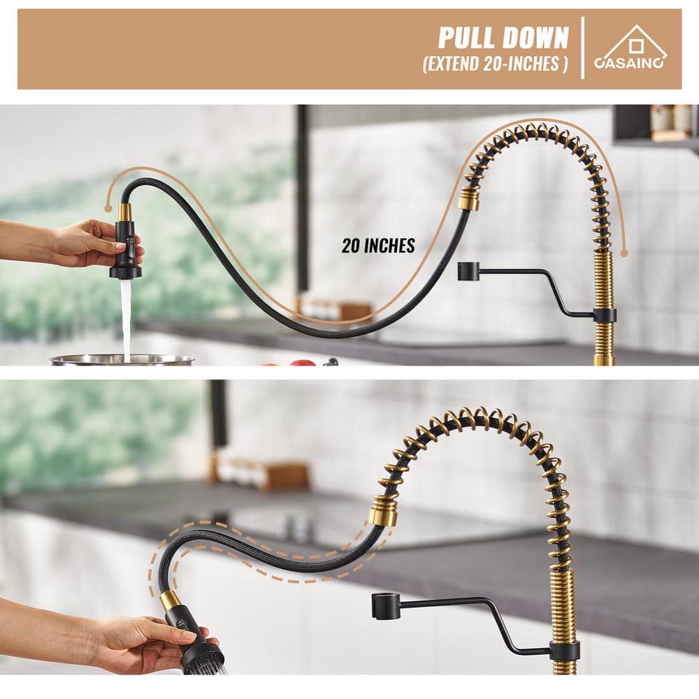 Matte Black and Brushed Gold Stainless Steel Pull-Down Kitchen Faucet