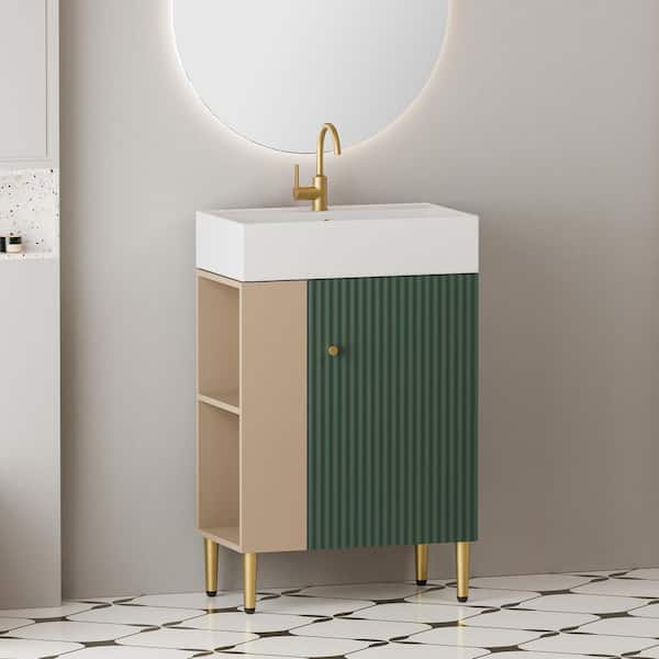 21.6 in. Single Sink Freestanding Green Bath Vanity with White Ceramic Top and Left Side Open Shelf Unassembled