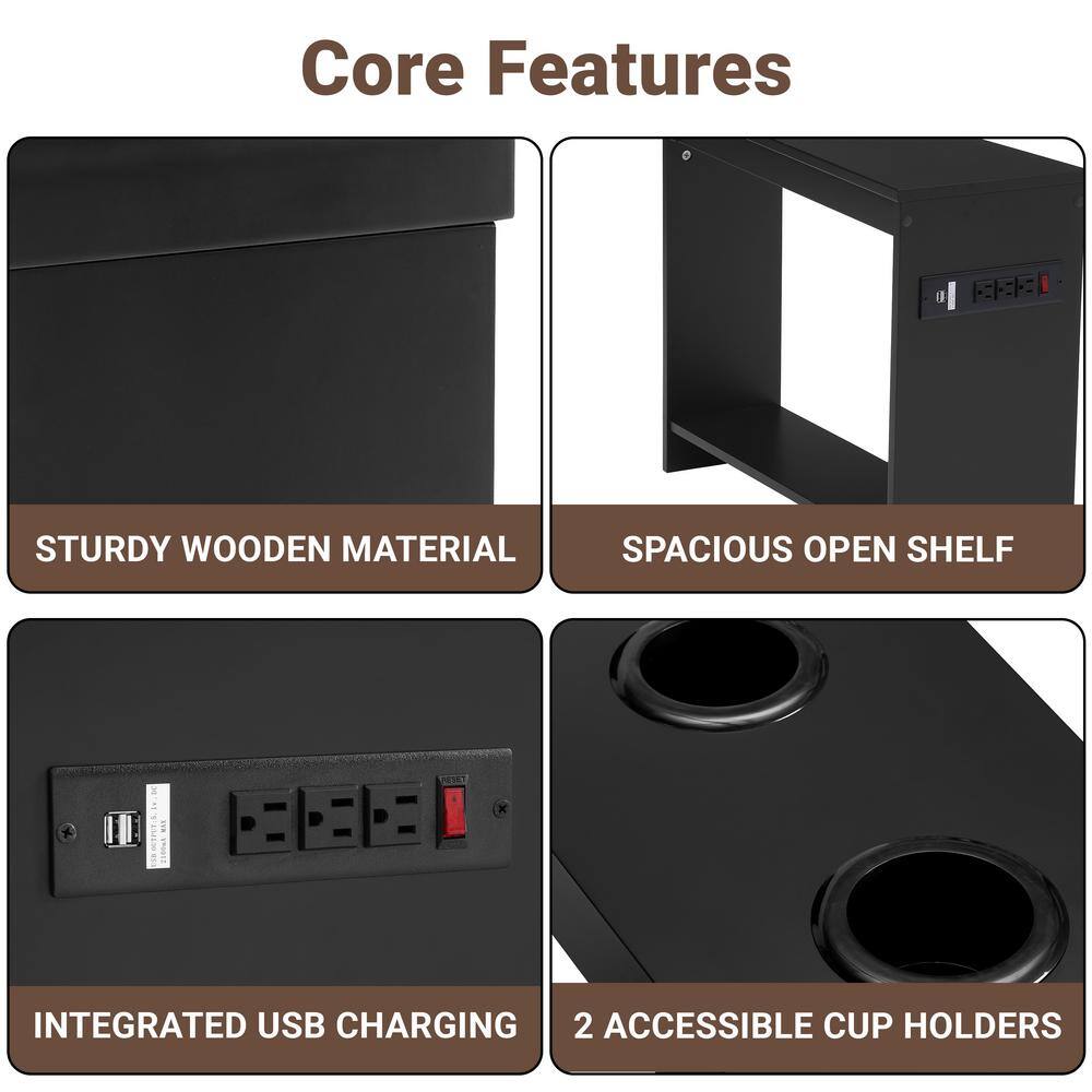 Black Wood 2-Drawer Nightstand with Charging Station