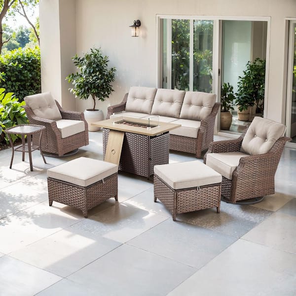 Artisan Brown 7-Piece Wicker Outdoor Patio Fire Pit Conversation Set with Beige Cushions and Swivel Gliders