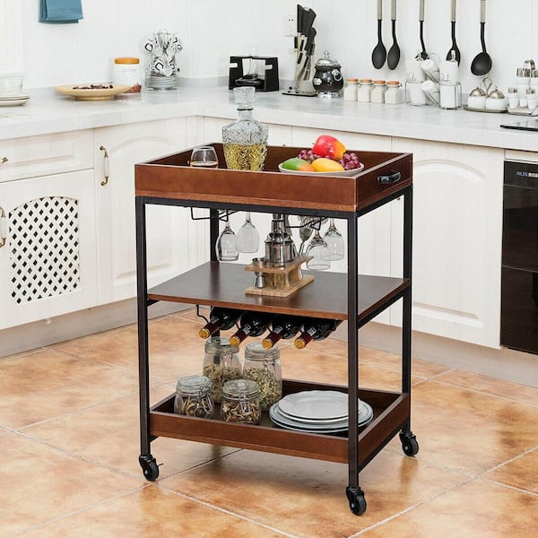 3 Tier Trolley Cart Kitchen Island Serving Bar Cart w/Glass Holder & Wine Rack Brown