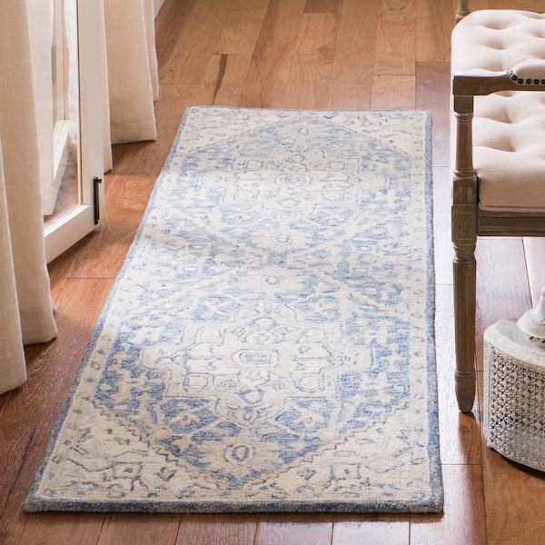 Micro-Loop Blue/Ivory 2 ft. x 11 ft. Floral Medallion Runner Rug
