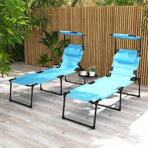 2-Piece Black Metal Outdoor Chaise Lounge with Sunshade Roof and Pillow Headrest