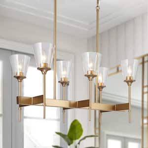 Modern Gold Dining Room Chandelier, 6-Light Island Bell Chandelier with Clear Glass Shades