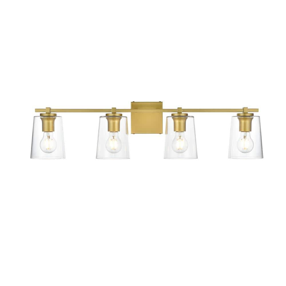 Simply Living 33 in. 4-Light Modern Brass Vanity Light with Clear Bell ...