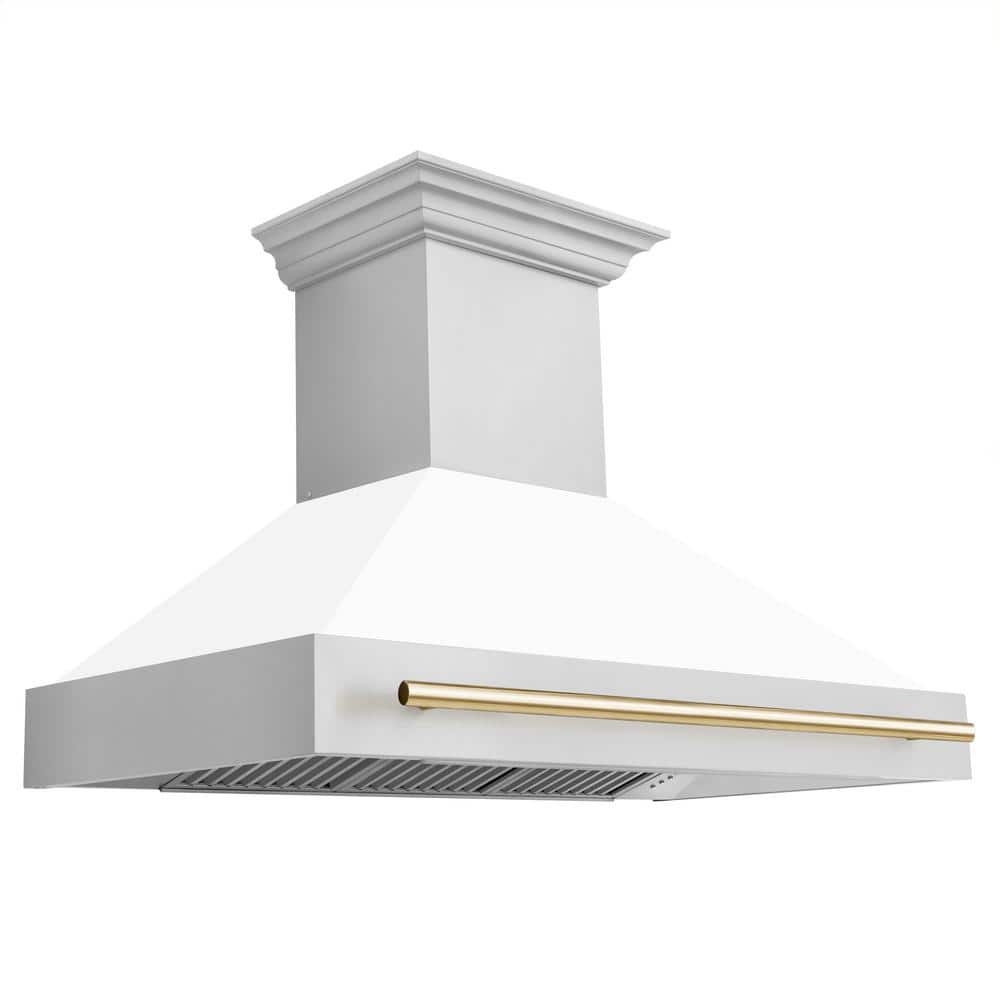 ZLINE Kitchen and Bath Autograph Edition 48 in. 700 CFM Ducted Vent Wall Mount Range Hood in Stainless Steel, White Matte & Polished Gold, Stainless Steel/ White Matte & Polished Gold