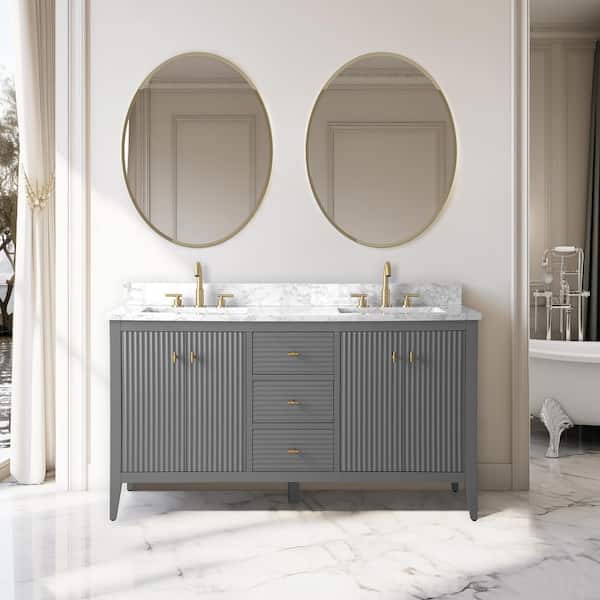 Vanity Art 60 in. W x 22 in D x 38 in. H Double Sink Bathroom Vanity Cabinet in Linear Gray with White Engineered Marble Top