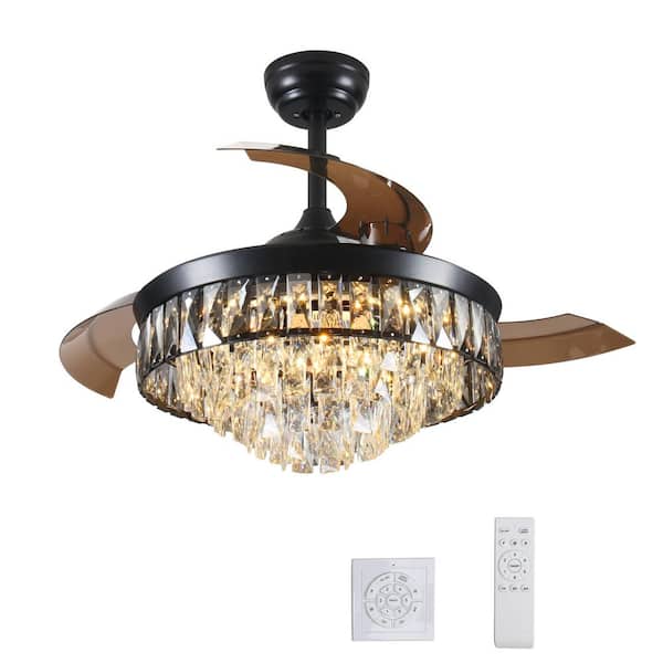 42 in. Black Crystal Ceiling Fan Chandelier with Remote 6 Speeds 3 Colors Changes, 3 Blades Retractable Fans