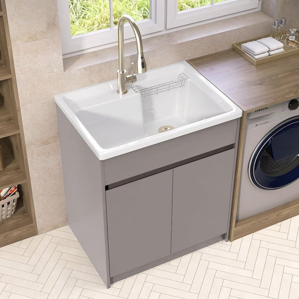 All-in-One 30 in. W x 22 in. D x 36 in. H Drop-in Freestanding Laundry Sink with Cabinet in Light Brown Utility Sink