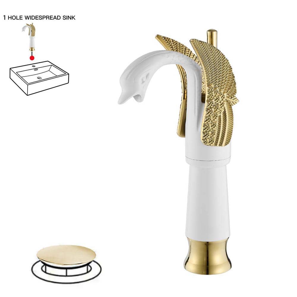 White and Gold Swan Single Handle Bathroom Vessel Faucet