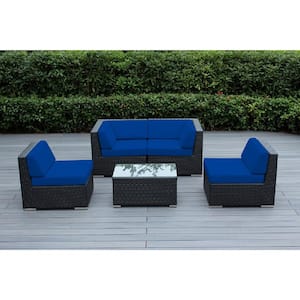 Black 5-Piece Wicker Patio Seating Set with Sunbrella Pacific Blue Cushions