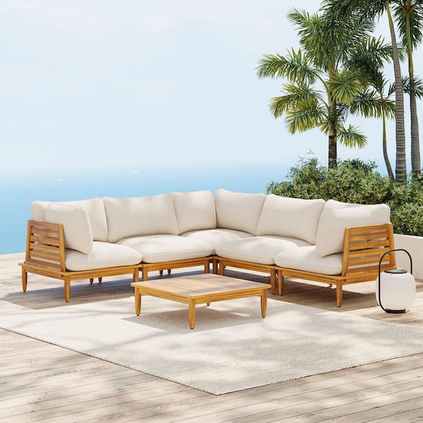 Sacova 6-Piece Armrest Solid Wood Outdoor Patio Conversation Seating Sofa Set with Beige Cushions, V Shaped, Teak Finish