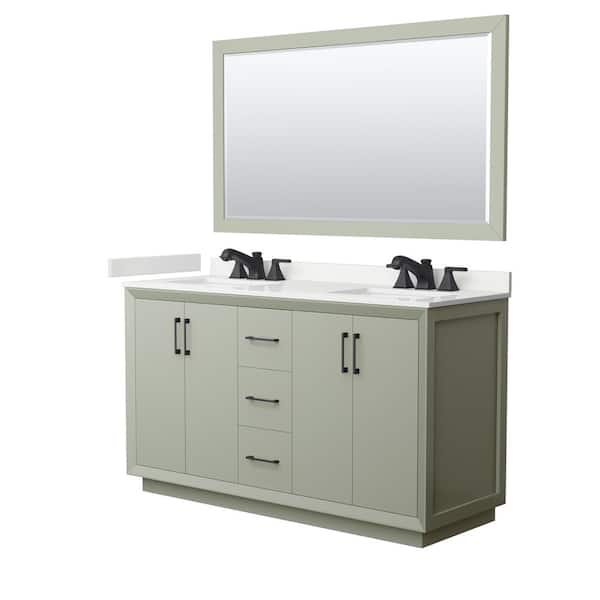 Wyndham Collection Strada 60 in. W x 22 in. D x 35 in. H Double Bath Vanity in Light Green with White Quartz Top and 58 in. Mirror