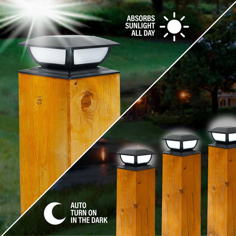 Black Plastic Solar Post Cap Lights with LED and Flame Effect