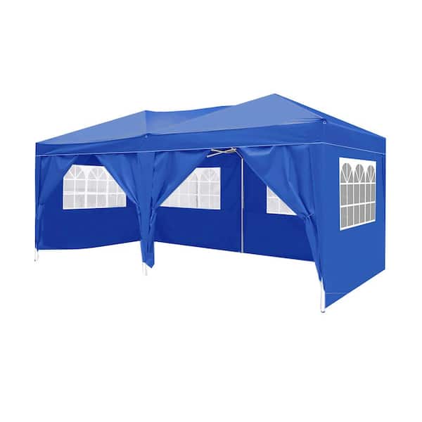 JimsMaison Blue Roof Metal Portable Carport 9.7 ft. W x 19.5 ft. D x 8.5 ft. H with 6-Removable Sidewalls and Carry Bag