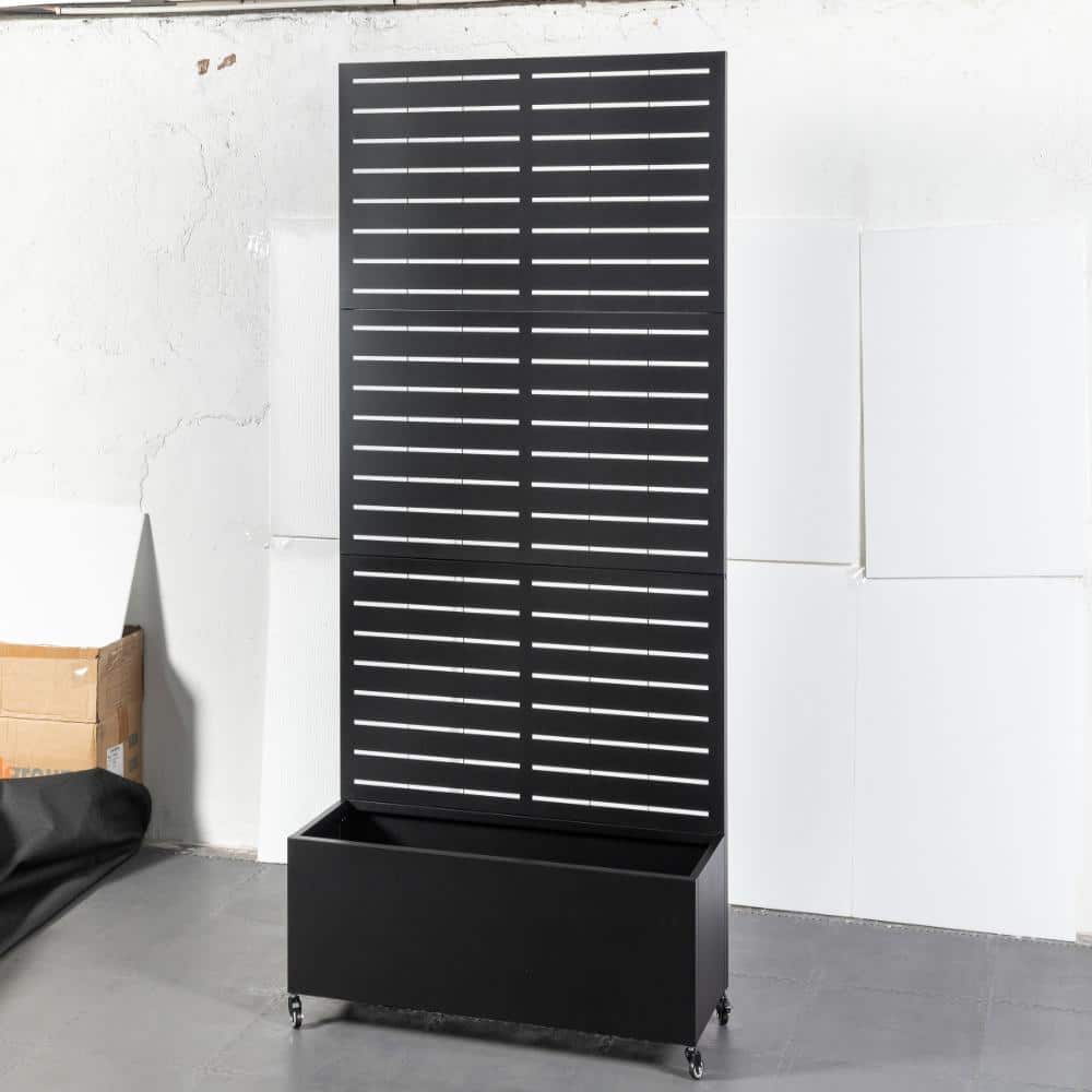 47 in. L x 16 in. W x 72 in. H Wheeled Classic Louver Trellis Black Iron Rect Outdoor Rolling Planter (1-Pack)