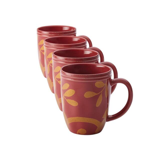 Rachael Ray Dinnerware Gold Scroll 4-Piece Mug Set in Cranberry Red