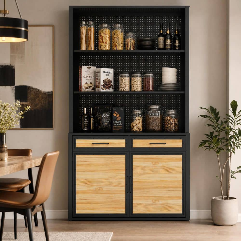 FUFU&GAGA Black and Natural Wood 47.2 in. x 82.7 in. Pantry