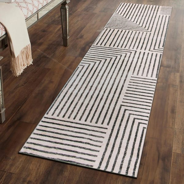 Distressed Bohemian Stripes Washable Non Slip Beige 2 ft. x 10 ft. Runner Rug